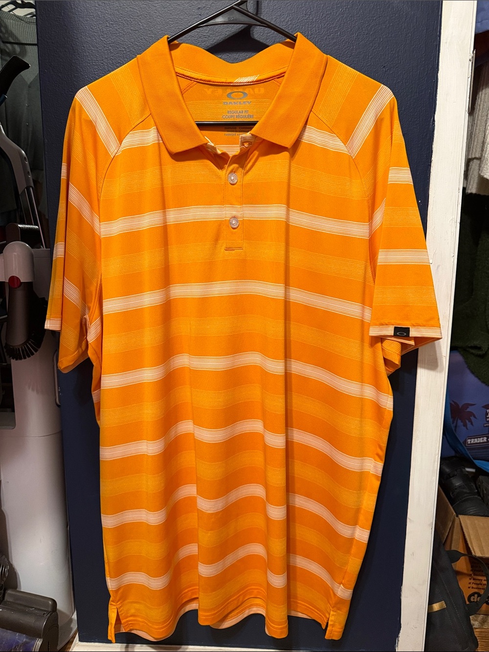 Oakley Men’s Orange and White Striped Polo Shirt